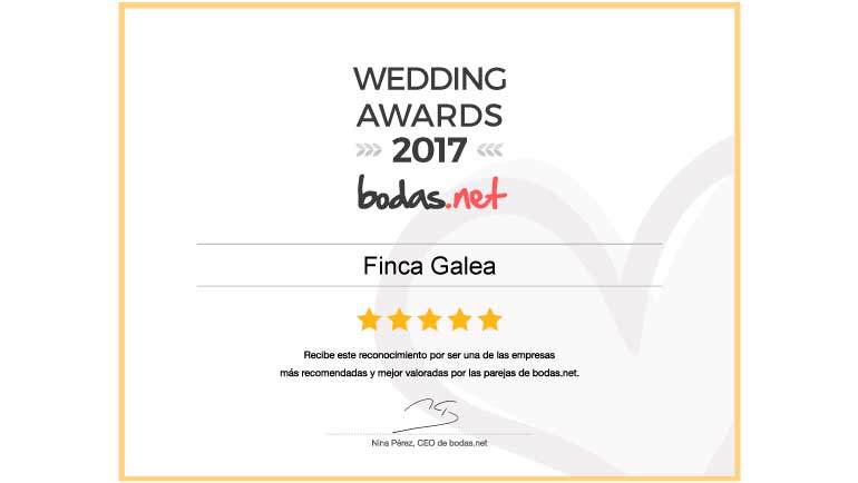 Finca Galea Restaurante recibe el reconocimiento Wedding Awards 2017 de Bodas.net
